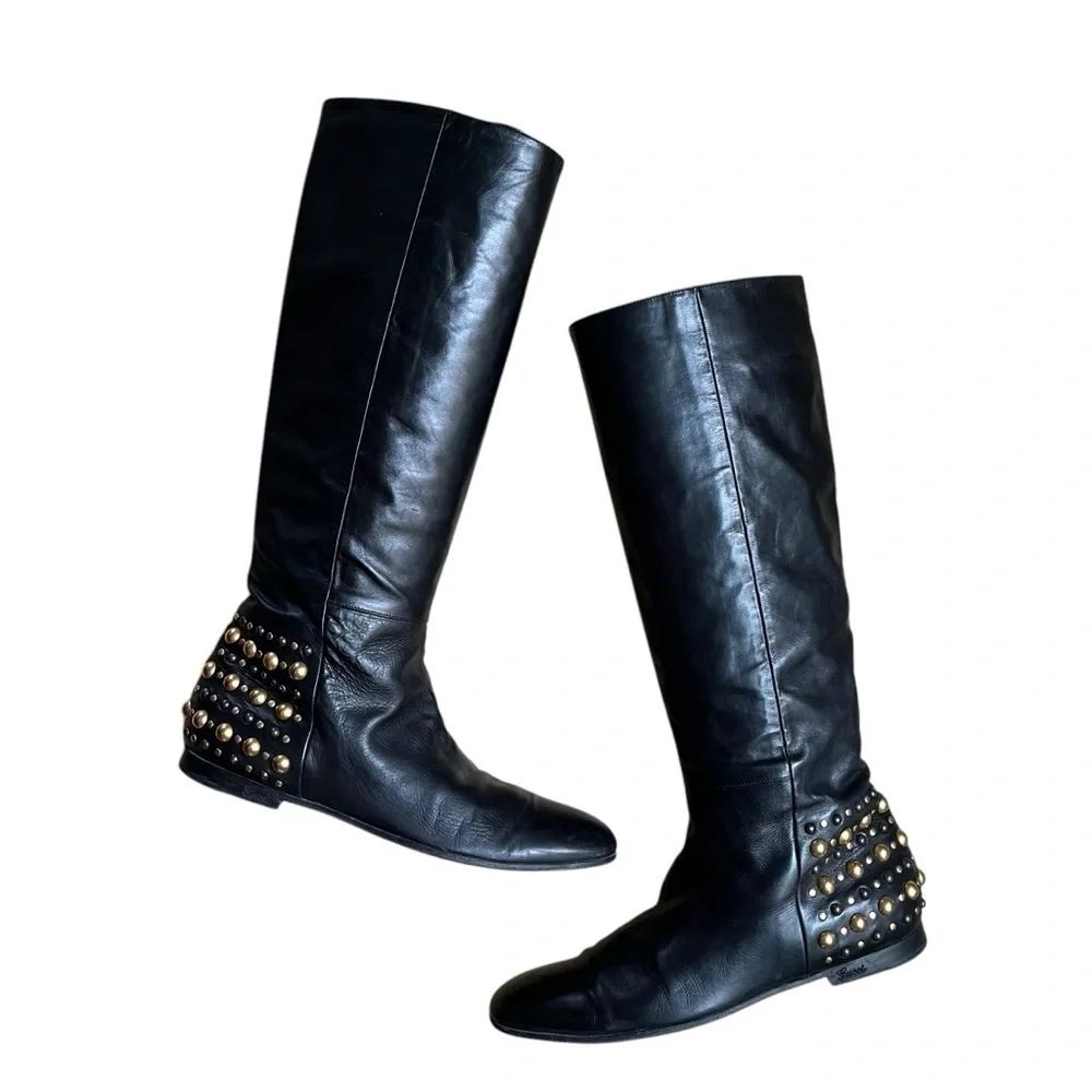 GUCCI Babouska Studded Knee High‎ Tall Leather Boots